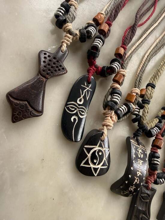 Handmade Tribal Ethnic Bone and Wood Pendant Necklace Collection with Adjustable - Picture 2 of 4